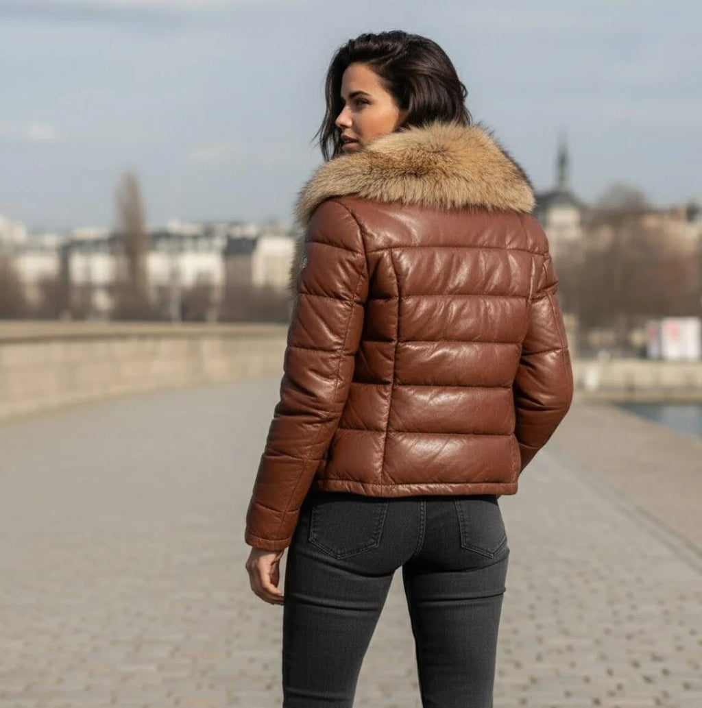 Women's Leather Puffer Jacket with Real Fox Fur Collar , Lederjacken damen
