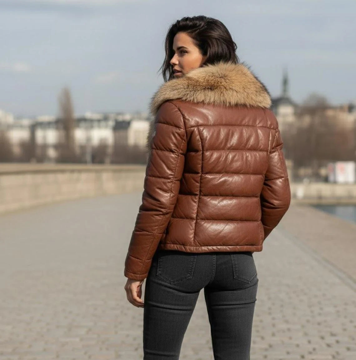 Women's Leather Puffer Jacket with Real Fox Fur Collar , Lederjacken damen