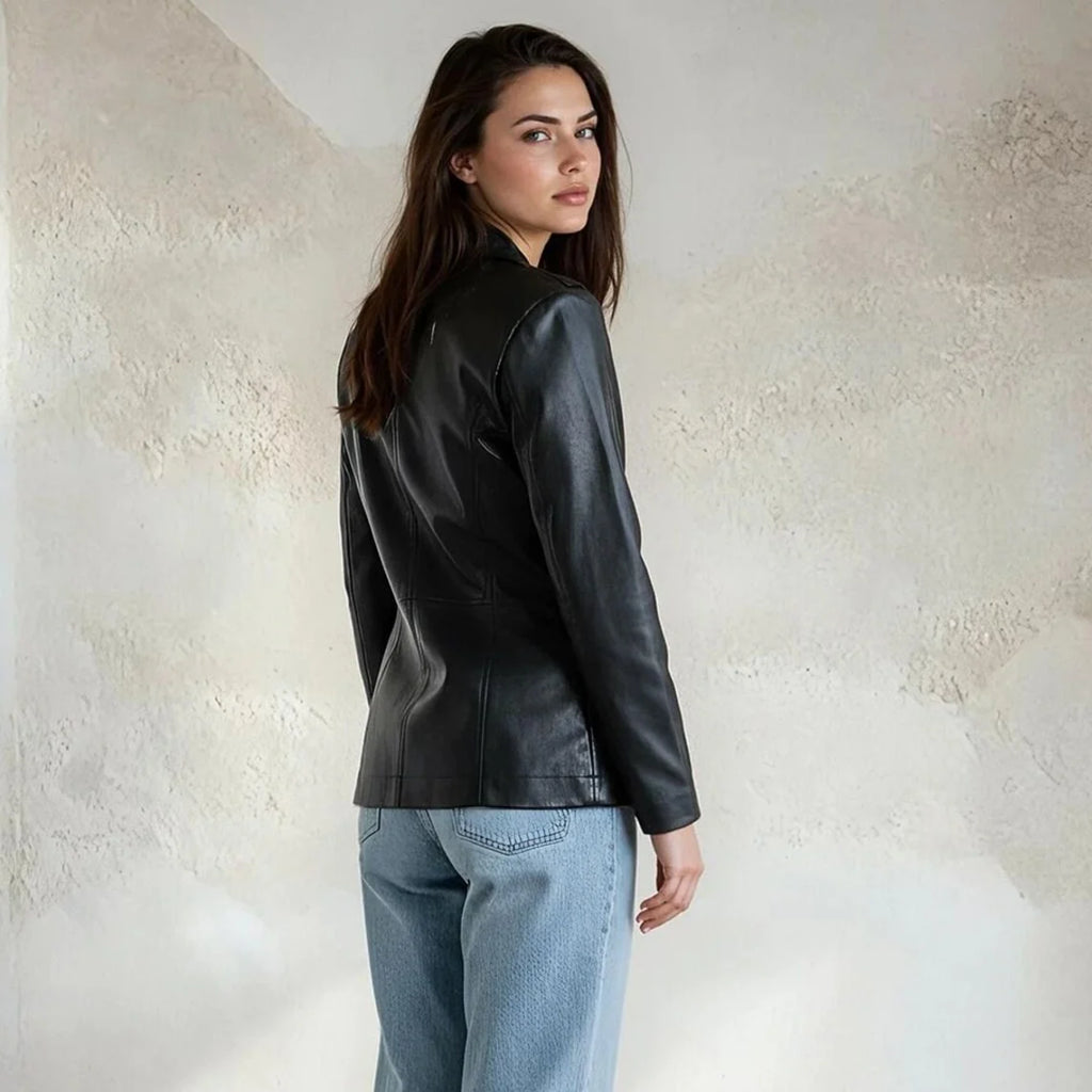 Women Faux Leather Blazer Slim Fit Long Sleeve Mid Length Black Jacket