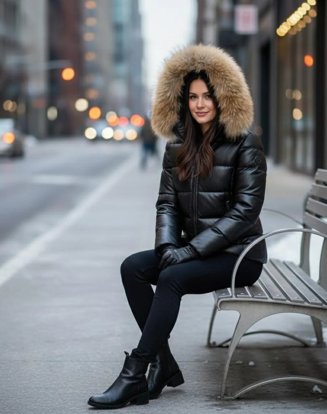 Women's Leather Puffer Jacket, Real Fox Fur Hood, Pufferjacken,