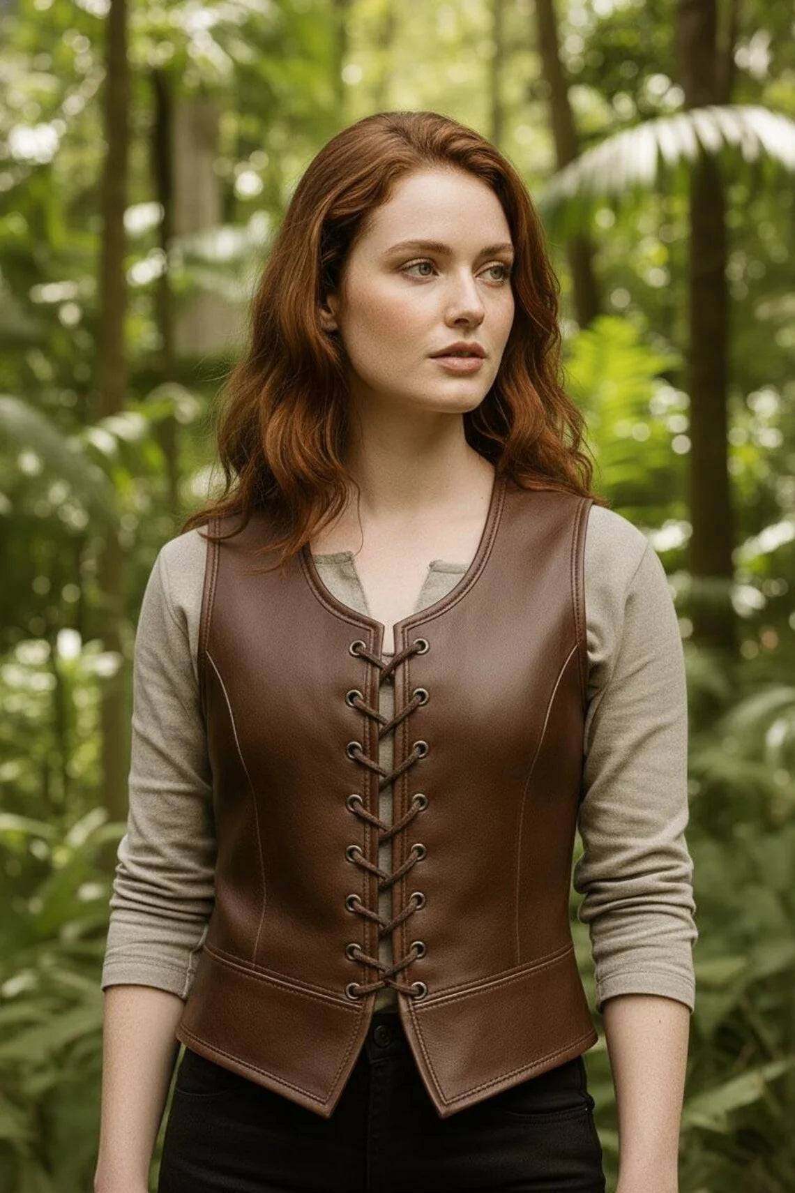 Women's Handmade Leather Vest, Brown Lace-Up Jerkin