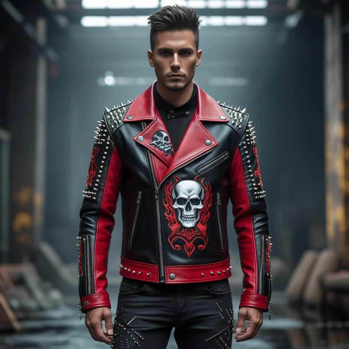 Handmade Black and Red Spiked Leather Biker Jacket Skull Embroidered
