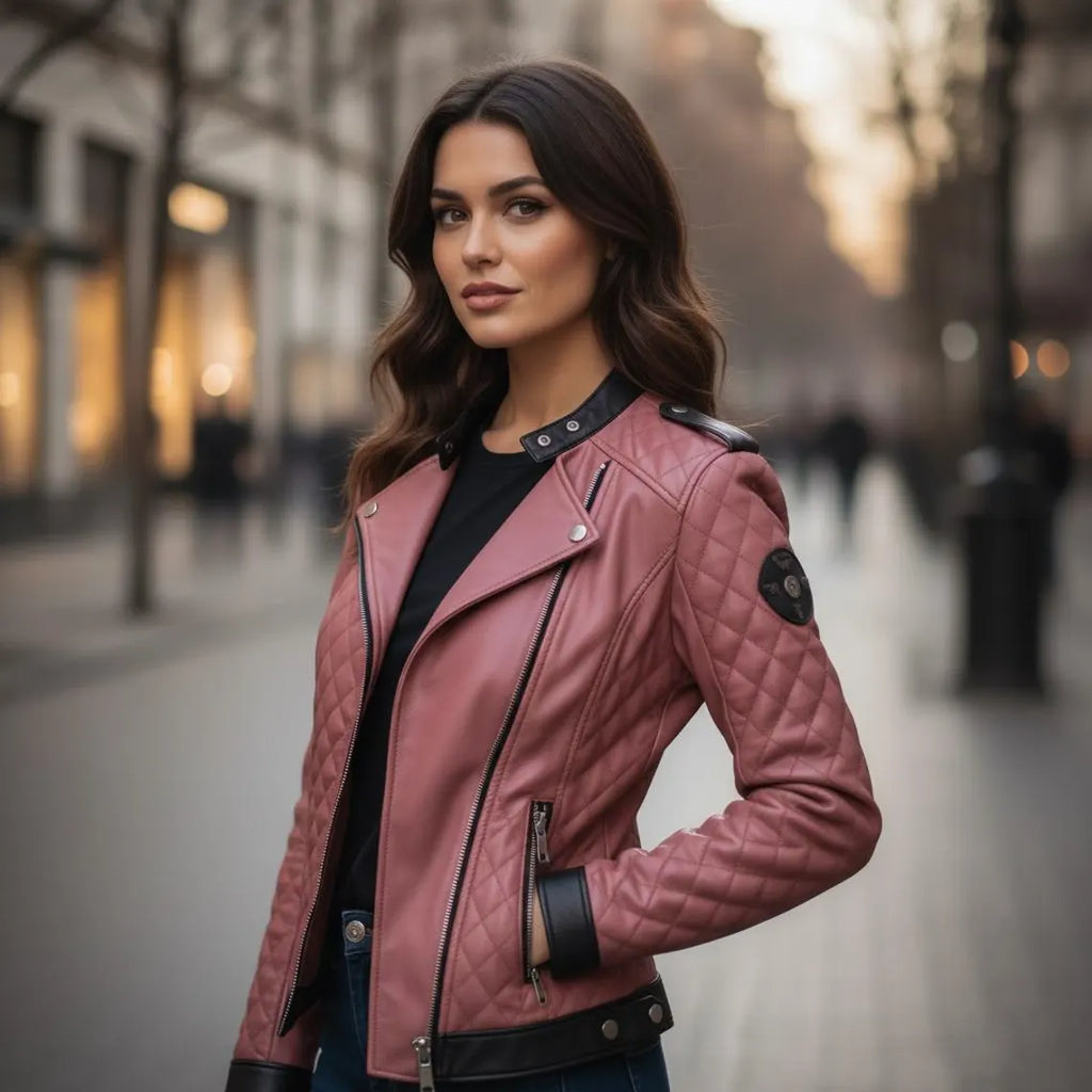 Black Pink Genuine Sheepskin Diamond Quilted Rider Leather Jacket