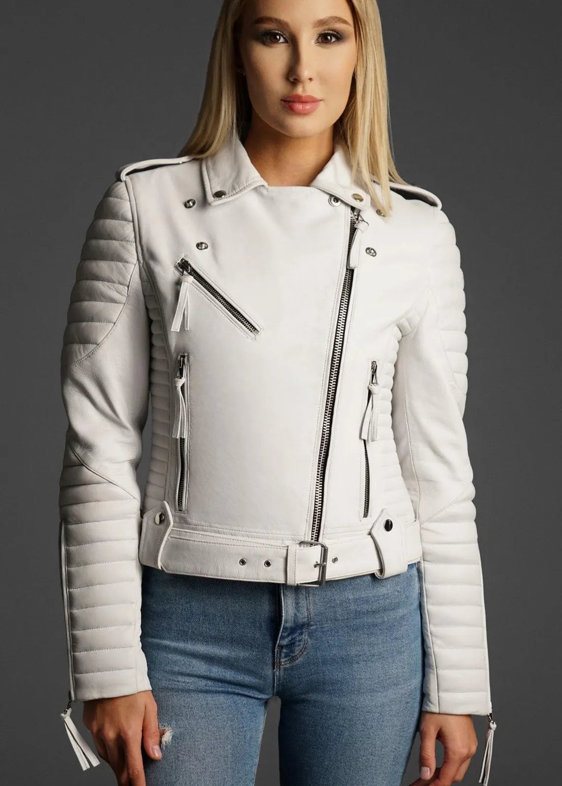 Women White Fashion Leather Jacket