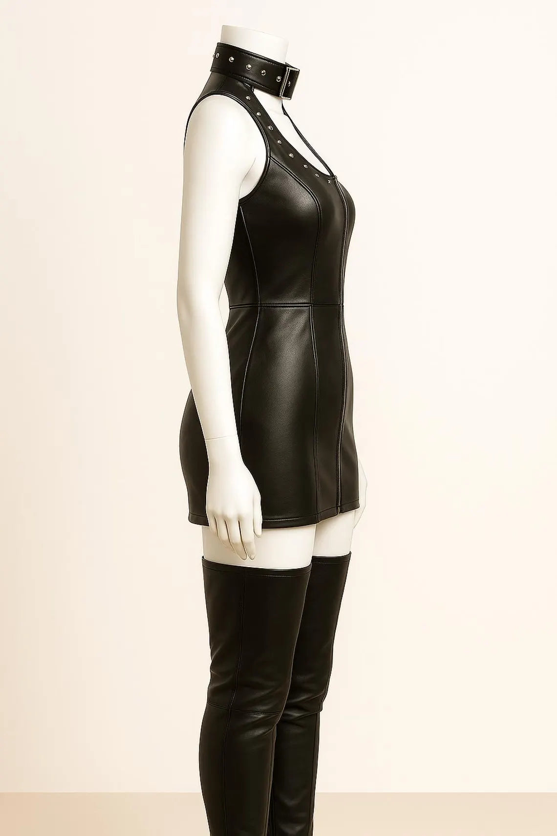 Black Leather Mini Dress with Studded Choker & Thigh-High Boots