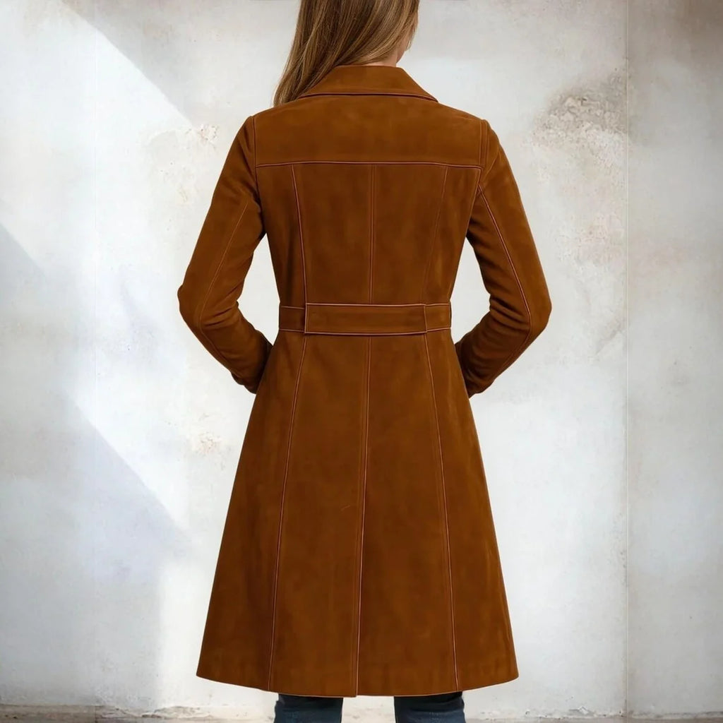 Women's Classic Vintage-Style Long Brown Suede Leather Trench Coat