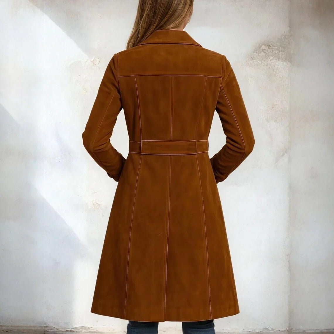 Women's Classic Vintage-Style Long Brown Suede Leather Trench Coat