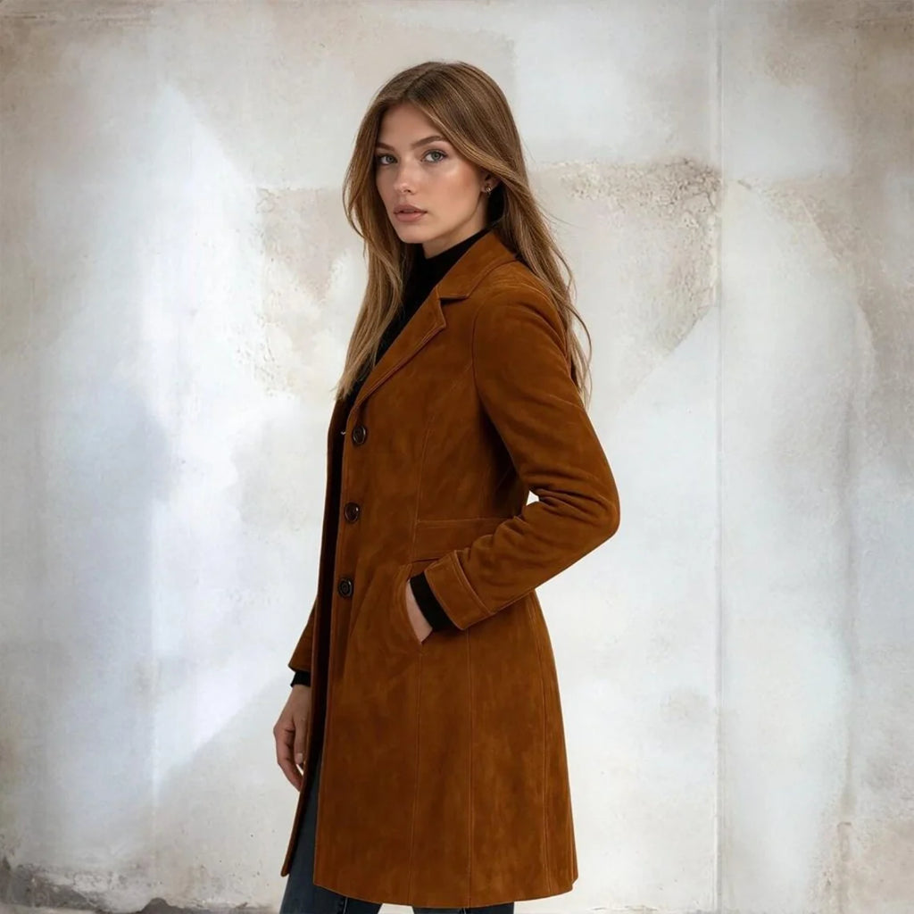 Women's Classic Vintage-Style Long Brown Suede Leather Trench Coat
