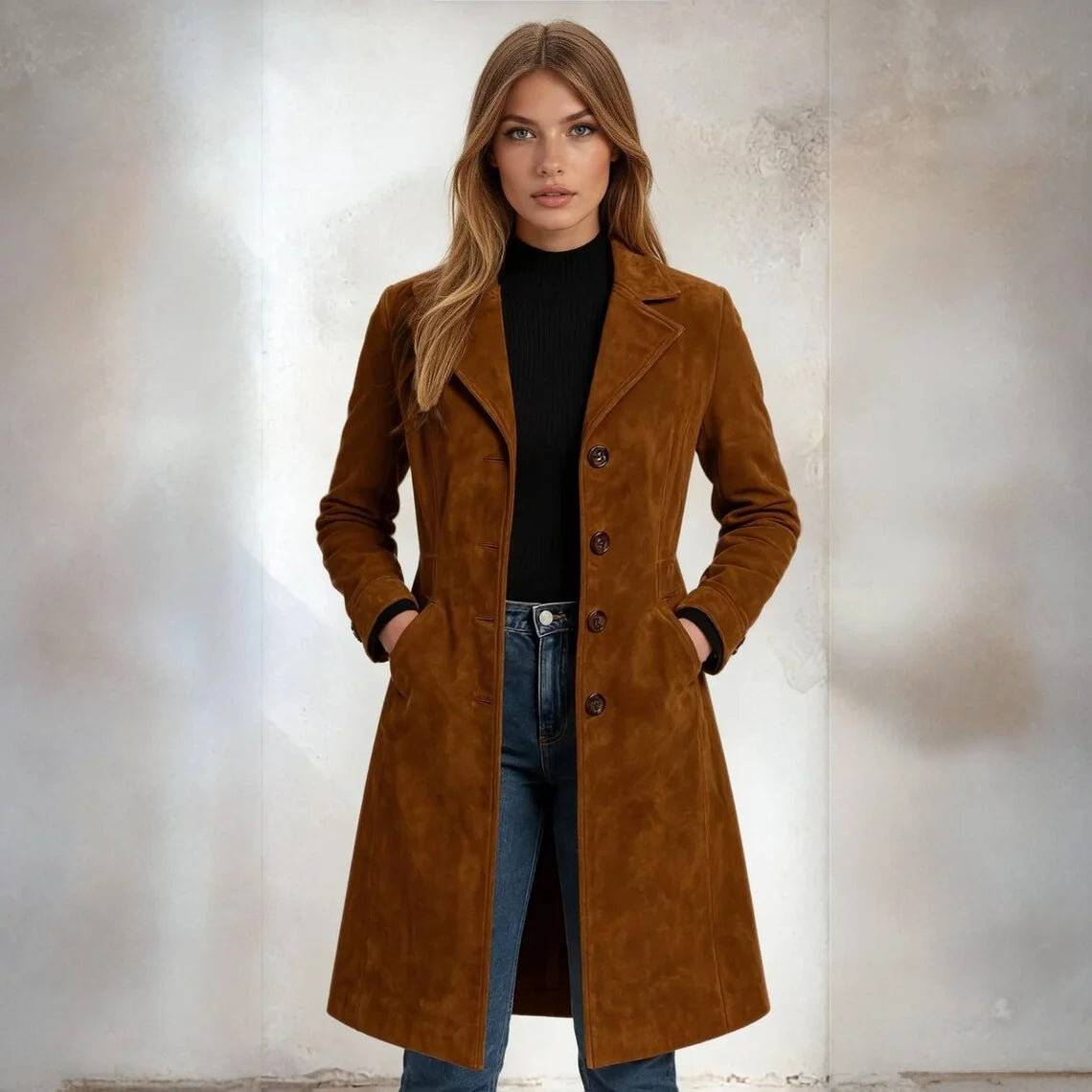 Women's Classic Vintage-Style Long Brown Suede Leather Trench Coat