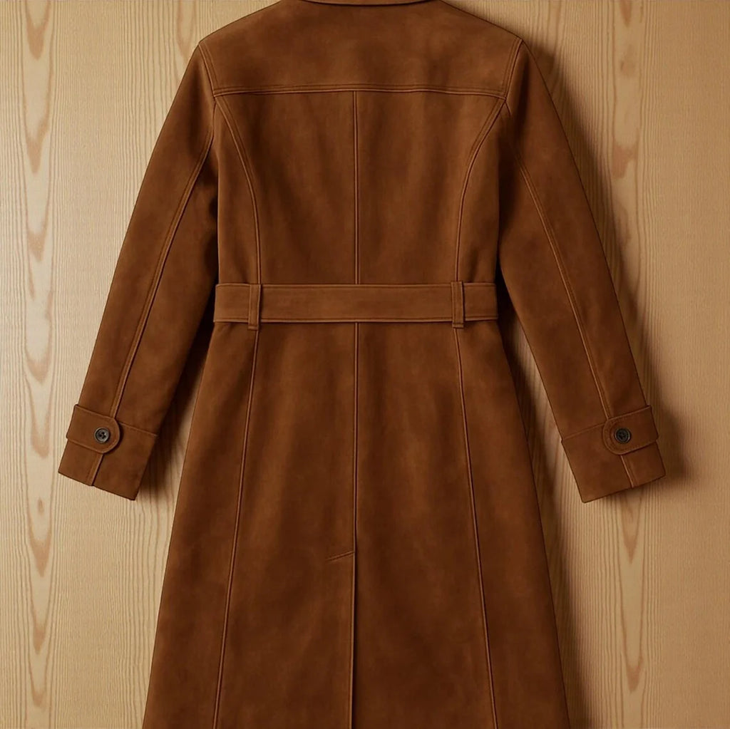 Women's Classic Vintage-Style Long Brown Suede Leather Trench Coat