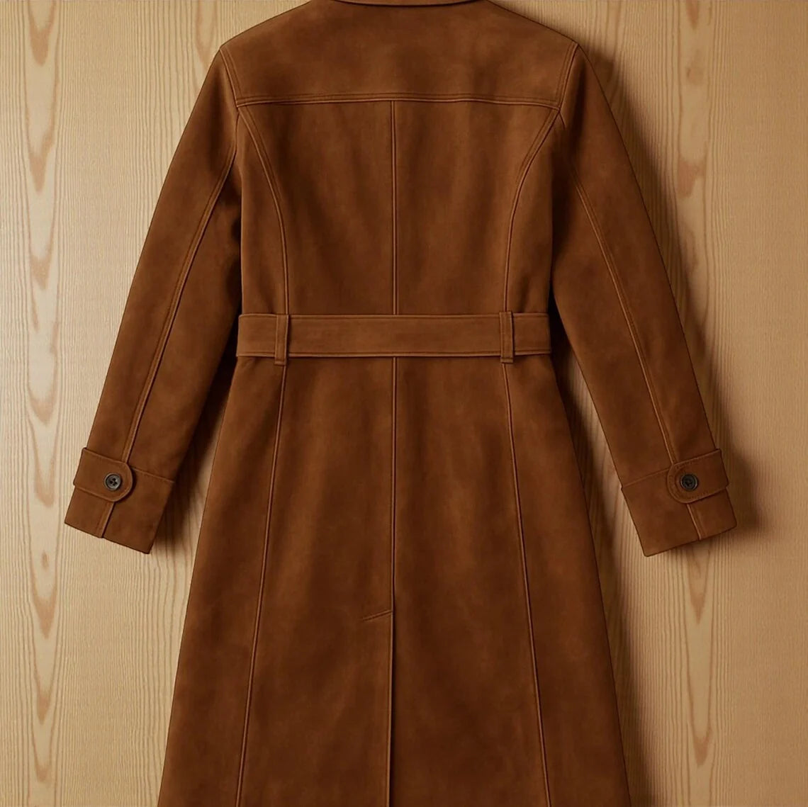 Women's Classic Vintage-Style Long Brown Suede Leather Trench Coat