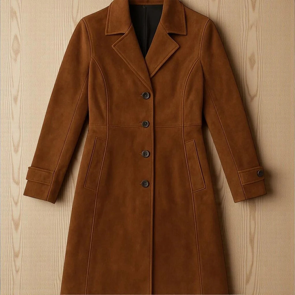 Women's Classic Vintage-Style Long Brown Suede Leather Trench Coat