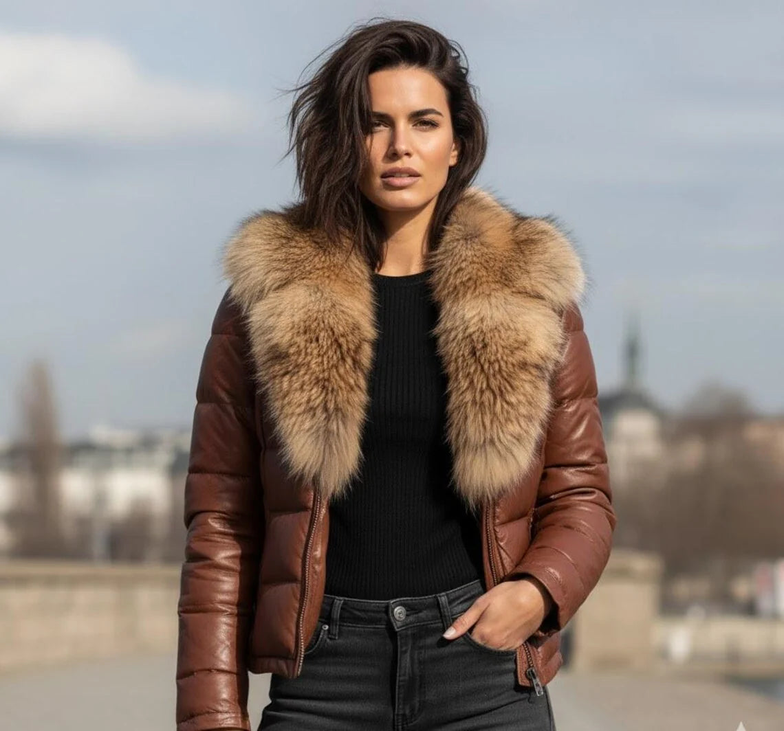 Women's Leather Puffer Jacket with Real Fox Fur Collar , Lederjacken damen