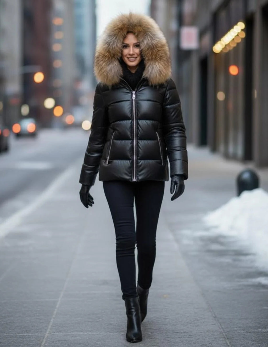 Women's Leather Puffer Jacket, Real Fox Fur Hood, Pufferjacken,