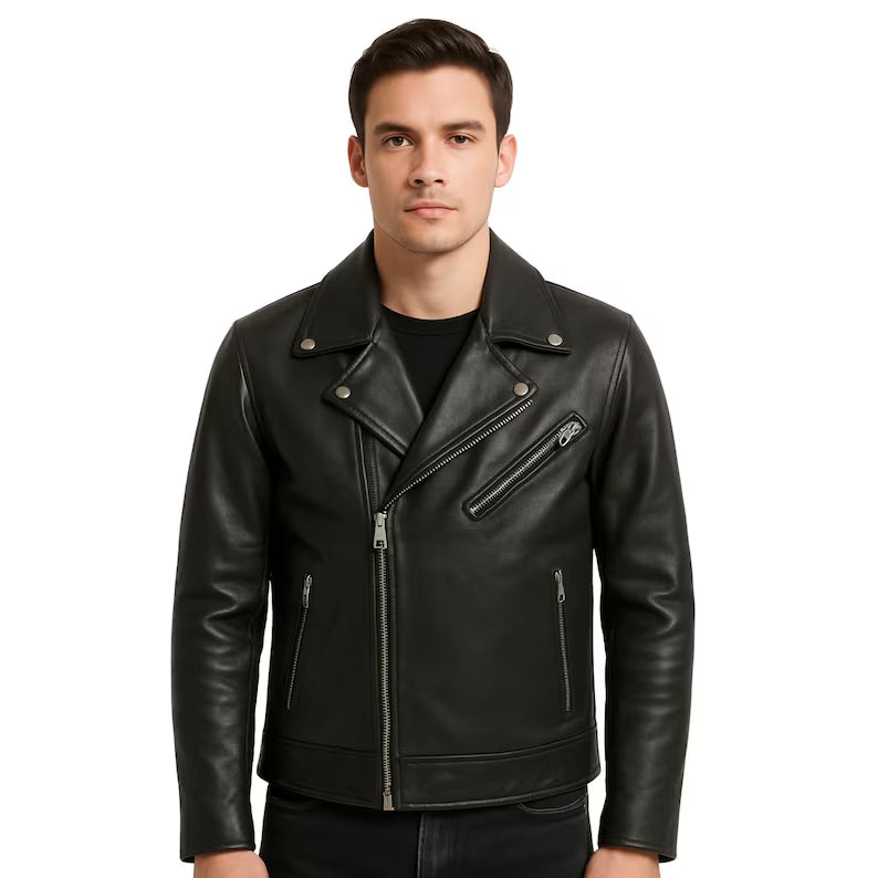 Men's Vintage Asymmetrical Zipper Motorcycle Biker Genuine Leather Racing Jacket